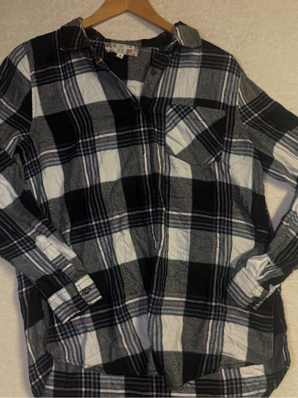 Pink Rose - Black & White Plaid Flannel Button-Up Shirt